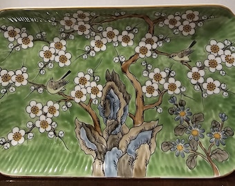 Vintage Japanese I.W.Rice & Co Gold Filigree Cherry Blossom Curved Platter with Birds in Branches