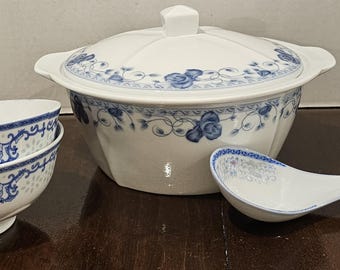 Vintage Chinese Porcelain Blue and White Floral Rose Design Large Soup Bowl, Two Small Soup Bowls and Ladle