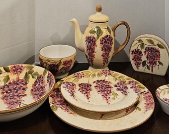 Vintage Dinner Ware Collection by Heritage Mint - Wisteria Pattern Dinner & Salad Plates-Cups-Saucers-Napkin Holder-Teapot-Spoon Rest-Bowls