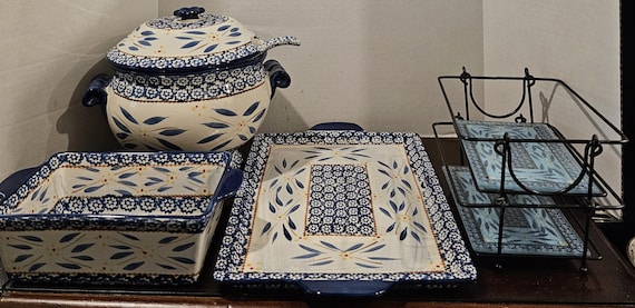 Temptations Old World Soup Tureen with Spoon, Rectangular Platter, Wire Racks & Loaf Pan - Dishwasher, Microwave and Oven Safe