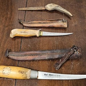Vintage Finish Fishing Blades/Knives Made by Rapala J. Martinni -Two Come with Leather Cases, One Made of Antler - All Made in Finland