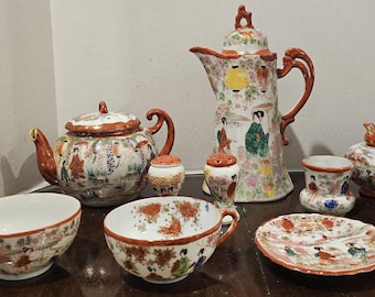 Vintage Japanese Geisha Hand-Painted Chocolate Pot Serving Set- Two Teapots, Cream & Sugar, Salt and Pepper, One Small Plate and Two Teacups