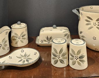 Temptations 6 Piece Table Completor Set of Accessories AND Oversize Old World Crock in Grey-Butter Dish Salt & Pepper Spoon Rest Cream Sugar