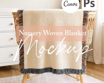 Nursery Woven Blanket Mockup | Baby Throw with Fringe (37x52 inches) | PSD + Canva PNG | POD Template
