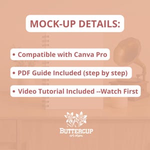 May include: A mock-up details graphic with text: "Compatible with Canva Pro," "PDF Guide Included," and "Video Tutorial Included." The Buttercup art store logo is at the bottom. A vintage gramophone and a spiral notebook are in the background.