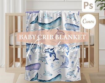 POD Baby Crib Minky Blanket Mockup, Velveteen Plush PSD Smart Object, White Fleece Blanket Mock-up, PSD Canva Template