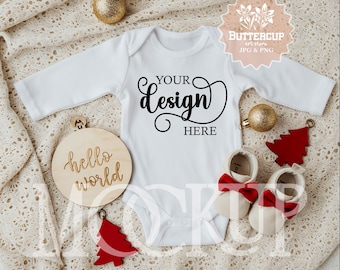 Christmas Baby Bodysuit Mockup, Newborn New Year Gift POD Clothing Mock-up: White Long Sleeve (PNG Digital Download)