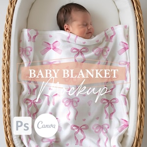 May include: A newborn baby sleeps peacefully, swaddled in a white blanket adorned with pink bows. The blanket is placed in a wicker basket. The words "BABY BLANKET Mockup" are visible on the blanket.