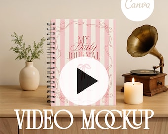 Wideo-makieta spiralnego notatnika Canva, minimalistyczny, pusty spiralny notatnik Printify 6x8 cali, animowany makiet, inteligentny obiekt PSD Photoshop