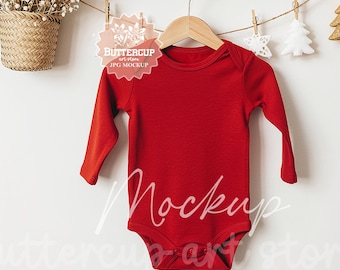 Weihnachten Baby Body Mockup: Rot Langarm (Digitaler Download)