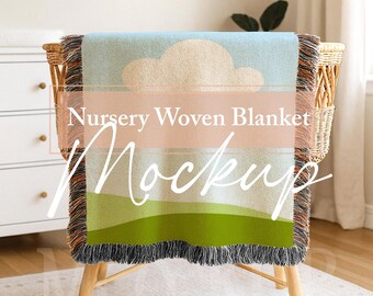 Nursery Woven Blanket Mockup | Baby Throw with Fringe (37x52 inches) |  Canva PNG + PSD | POD Template