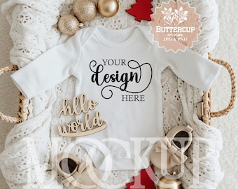Christmas Baby Bodysuit Mockup, Newborn New Year Gift POD Clothing Mock: White Long Sleeve (PNG Digital Download)