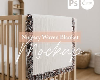 Nursery Woven Blanket Mockup, Baby Kids Jacquard Fringed Throw POD Blanket PSD Mock-up, PNG Canva Template