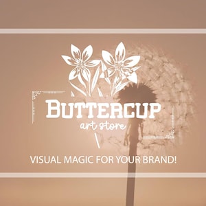 K&ouml;nnte beinhalten: Logo eines digitalen Kunstgesch&auml;fts mit einer Pusteblumen-Silhouette und dem Text "BUTTERCUP art store". Der Slogan "VISUAL MAGIC FOR YOUR BRAND!" ist ebenfalls enthalten. Der Hintergrund ist ein Farbverlauf aus hellbraun und beige.