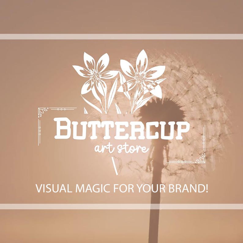K&ouml;nnte beinhalten: Logo eines digitalen Kunstgesch&auml;fts mit einer Pusteblumen-Silhouette und dem Text "BUTTERCUP art store". Der Slogan "VISUAL MAGIC FOR YOUR BRAND!" ist ebenfalls enthalten. Der Hintergrund ist ein Farbverlauf aus hellbraun und beige.