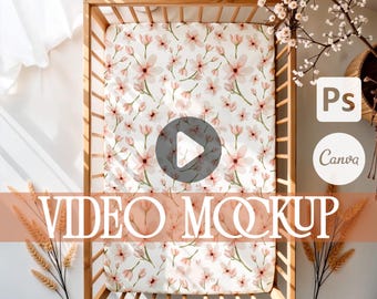 Baby Crib Sheet Video and Static Image Mockup, Nursery Bedding PSD & Canva Template Neutral Baby Product Showcase Smart Object Editable File
