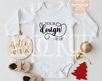 Christmas Baby Bodysuit Mockup: Newborn POD White Long Sleeves Bodysuit Mock-up, Rabbit Skins style ( PNG Digital Download)
