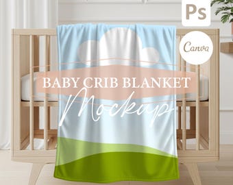 POD Baby Crib Minky Blanket Mockup, Velveteen Plush Canva Png Template, White Fleece Blanket PSD Smart Object