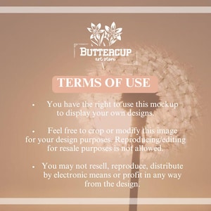 K&ouml;nnte beinhalten: Digitales Mockup in sanften Farbt&ouml;nen. Das Bild zeigt das Logo "BUTTERCUP art store" und den Text "TERMS OF USE", der die Nutzungsrechte detailliert. Es besagt das Recht, Designs anzuzeigen und das Bild f&uuml;r Designzwecke zu modifizieren, jedoch nicht f&uuml;r den Weiterverkauf.