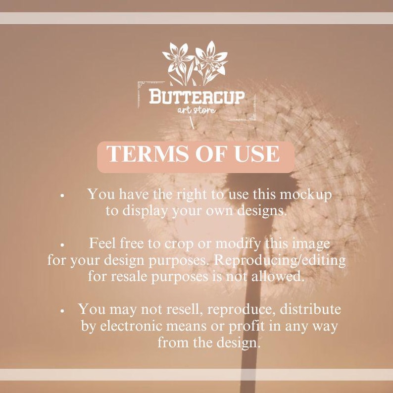 K&ouml;nnte beinhalten: Digitales Mockup in sanften Farbt&ouml;nen. Das Bild zeigt das Logo "BUTTERCUP art store" und den Text "TERMS OF USE", der die Nutzungsrechte detailliert. Es besagt das Recht, Designs anzuzeigen und das Bild f&uuml;r Designzwecke zu modifizieren, jedoch nicht f&uuml;r den Weiterverkauf.