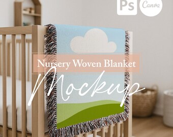 Nursery Woven Blanket Mockup, Baby Kids Jacquard Fringed Throw POD Blanket PNG Canva Template, PSD Mock-up