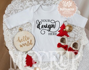 Christmas Baby Bodysuit Mockup, Newborn New Year Gift POD Clothing Mock-up: White Long Sleeve (PNG Digital Download)