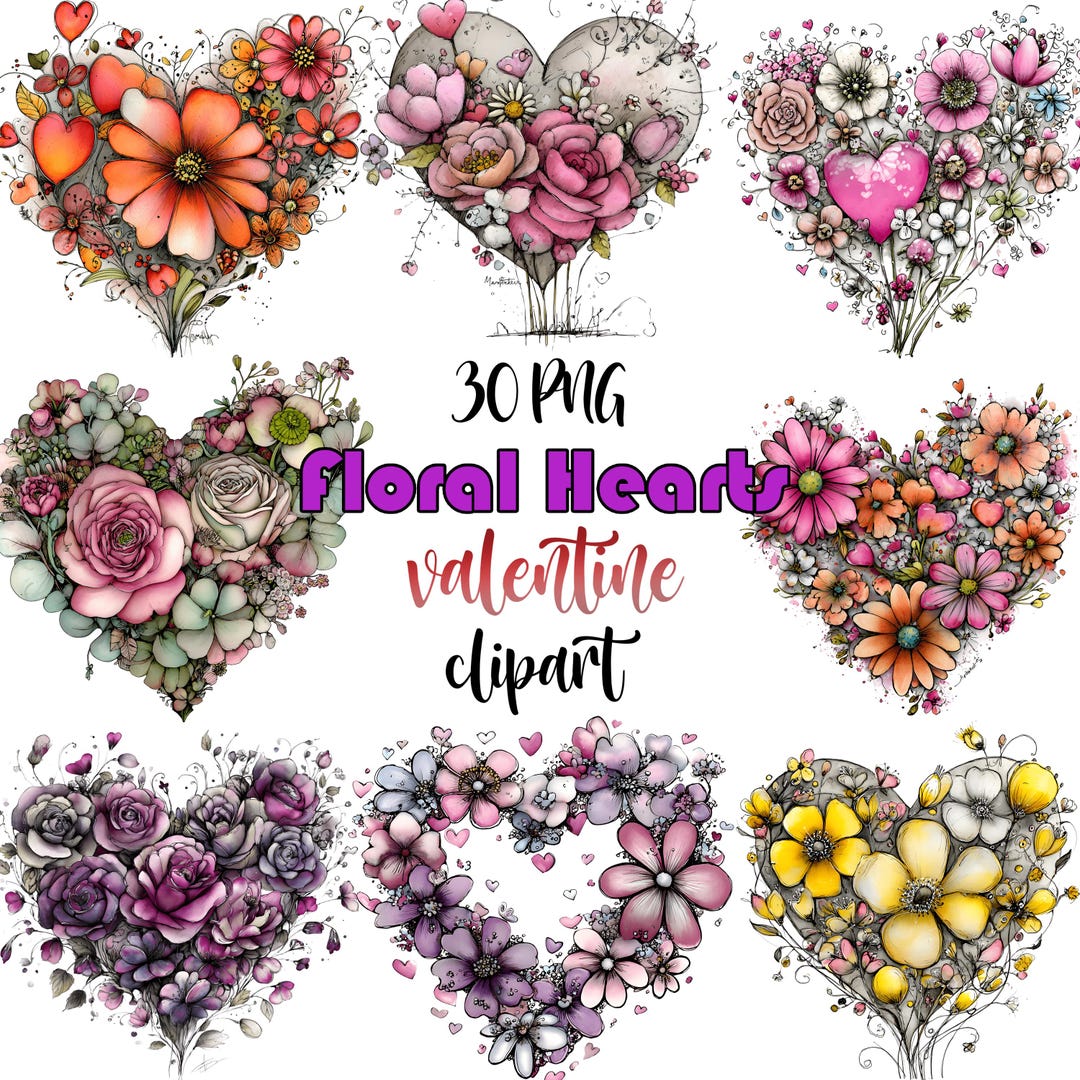 Floral Hearts Valentine Clipart Bundle: Valentine Flower Graphics ...
