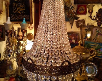 Empire Crystal Chandelier | Ornate Brass and Crystal Beaded Ceiling Light | Antique-Style Home Decor