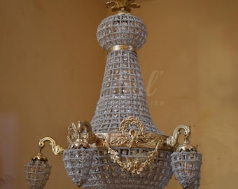 French Empire Crystal Brass Chandelier with Ornate Arms, Luxury Classic Ceiling Light