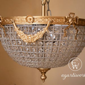 Flush Mount French Brass Accent Ceiling Crystal Chandelier + Canopy + Chain