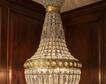 French Empire Crystal and Brass Chandelier, Classic Elegant Ceiling Light Fixture