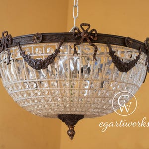Flush Mount French Accent Ceiling Crystal Lamp Chandelier + Canopy + Chain