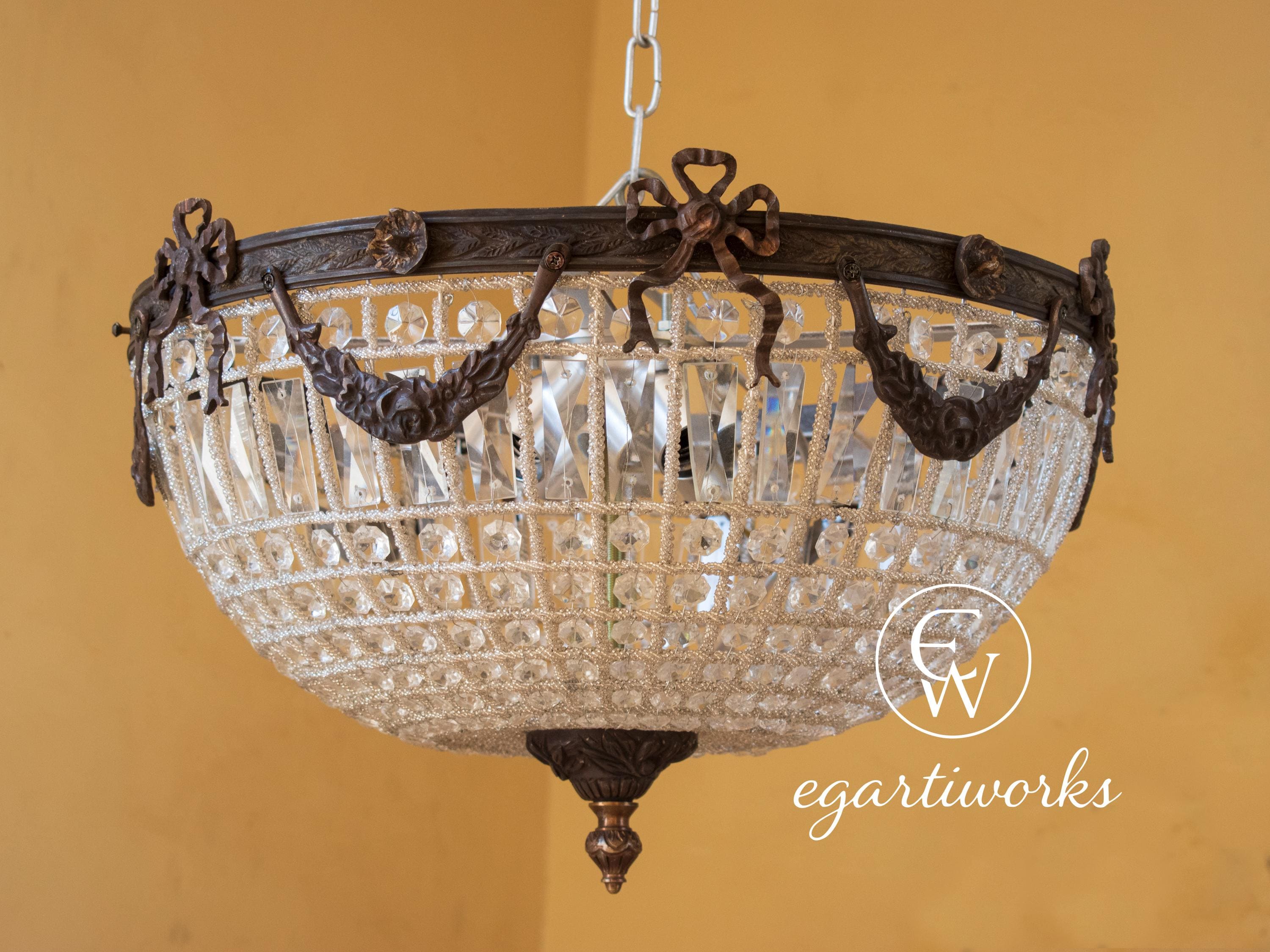 Flush Mount French Accent Ceiling Crystal Lamp Chandelier + Canopy + Chain