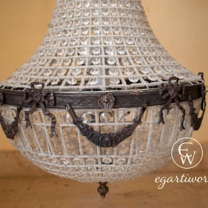 French Empire Antique Bronze Basket Crystal Chandelier