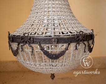 French Empire Antique Bronze Basket Crystal Chandelier