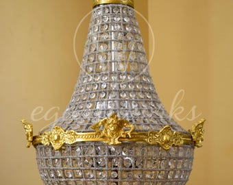 French Basket Crystal Chandelier Antique Bronze | Ornate Tiered Pendant Light