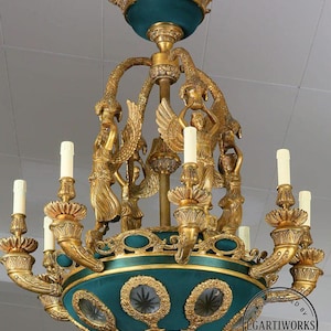 Neoclassical Empire Chandelier – Gilded Bronze & Teal Ceiling Light