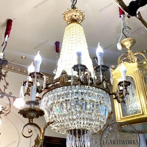 French Empire Crystal Chandelier | Vintage Brass Lighting | Antique Rococo Ceiling Fixture | Statement Grand Chandelier