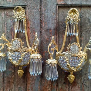 Pair Antique Replica Crystal Bronze French Empire Ornate Wall Lights