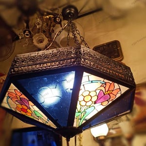 Antique Acanthus Finial Colorful Stained Crystal Chandelier / 30 X 20 in