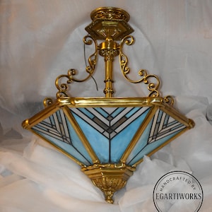 Art Deco Stained Glass Chandelier | Vintage Style Geometric Pendant Light | Blue and Gold Hanging Ceiling Lamp