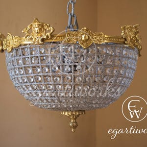 French Ornate Dome Pendant Ceiling Crystal Chandelier + Canopy + Chain
