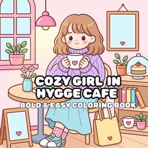 May include: A colouring book cover featuring a cartoon illustration of a person with brown hair wearing a purple jumper, holding a white mug with a heart. The text reads COZY GIRL IN HYGGE CAFE BOLD & EASY COLOURING BOOK in a cafe setting.