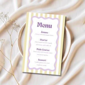 Plantilla de menú funky lila y amarillo | Diseño elegante, chic y de rayas onduladas | Menú de restaurante dibujado a mano en negrita | Canva editable | Descarga digital