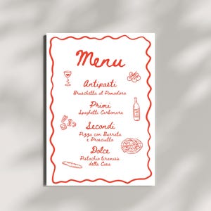 Modello di menu italiano rosso elegante | Progettazione di ristoranti disegnati a mano | Pizza, Pasta e Vino | Canva modificabile | Download digitale