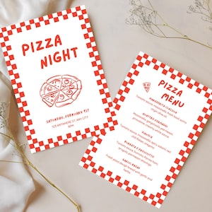 Menú de pizza con cuadros rojos divertidos | Plantilla de pizzería italiana retro | Menú dibujado a mano y divertido | Invitación y Menú incluido | Plantilla de Canva