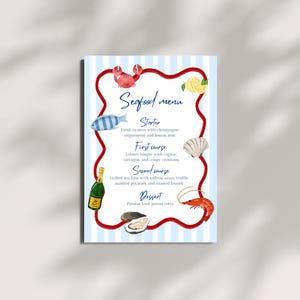 Menú de mariscos dibujado a mano en acuarela | Tema costero azul y rojo | Ostras, pescado, champán | Plantilla editable de Canva