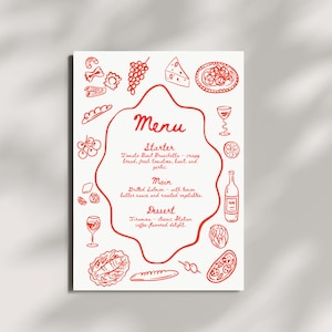 Red Hand-Drawn Italian Menu Template | Pasta & Wine Restaurant Design | Vintage Food Menu | Editable Canva | Digital Download