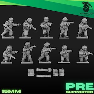 Op de afbeelding: Een set van tien ongeverfde grijze miniatuur soldaatfiguurtjes in tactische uitrusting, elk met een geweer. De figuren zijn in twee rijen gerangschikt met extra uitrustingsstukken eronder. De tekst 15MM en PRE SUPPORTED is zichtbaar.