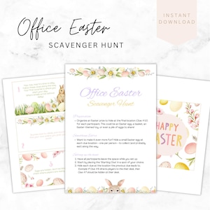 May include: A printable Office Easter Scavenger Hunt with a floral and pastel design. The title "Office Easter Scavenger Hunt" is displayed in elegant script. The image includes instructions and a "Happy Easter" card.